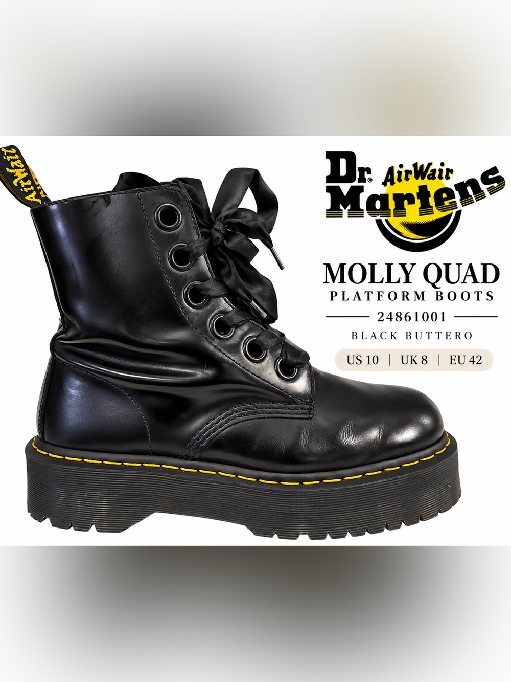 Dr Martens Molly Quad Platform Boots Black Buttero Ribbon Lace Size 10 Like New